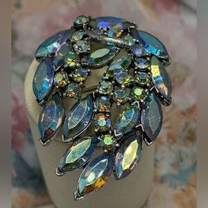 Albert Weiss Iridescent Blue-Green Crystal Leaf Cluster Brooch